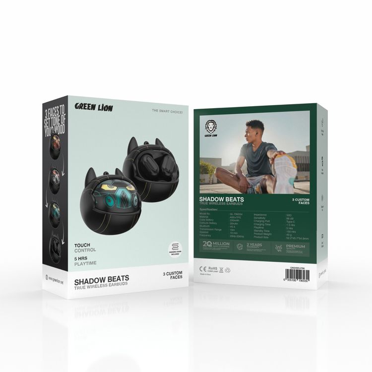 Green Lion Shadow Beats True Wireless Earbuds with 3 Custom Face, Hanging Chain Included, Clear Call Quality, Voice Assistant, Touch Control - Black