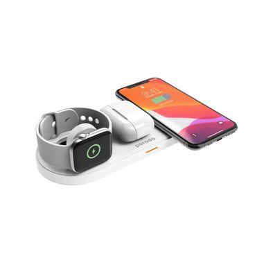 Porodo 4-in-1 Slim Charging Base with Built-in Foldable Watch Charger, Type-C Cable Included, Up to 10W Fast Wireless Charging, Overcharge & Overheat Protection -  White