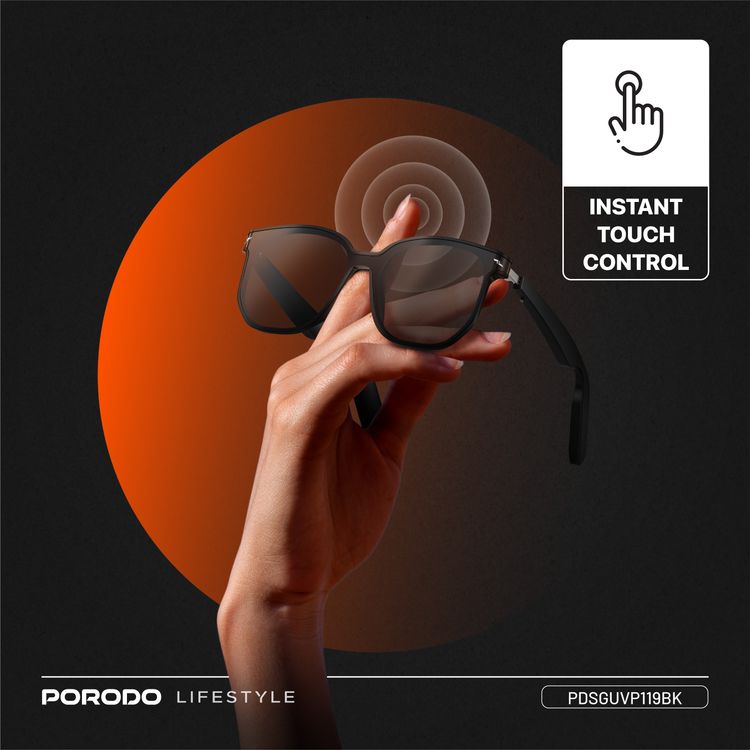 Porodo Lifestyle Optix Smart Glasses with Audio, Built-in Microphone, 6 Hours Playtime, Type-C Charging Interface, UV400 Protection, Bluetooth Version 5.3, 10m Transmission Range, 2x 110mAh Battery Capacity, Touch Control, Dual Stereo Speakers, Hi-Fi Sound Quality - Black
