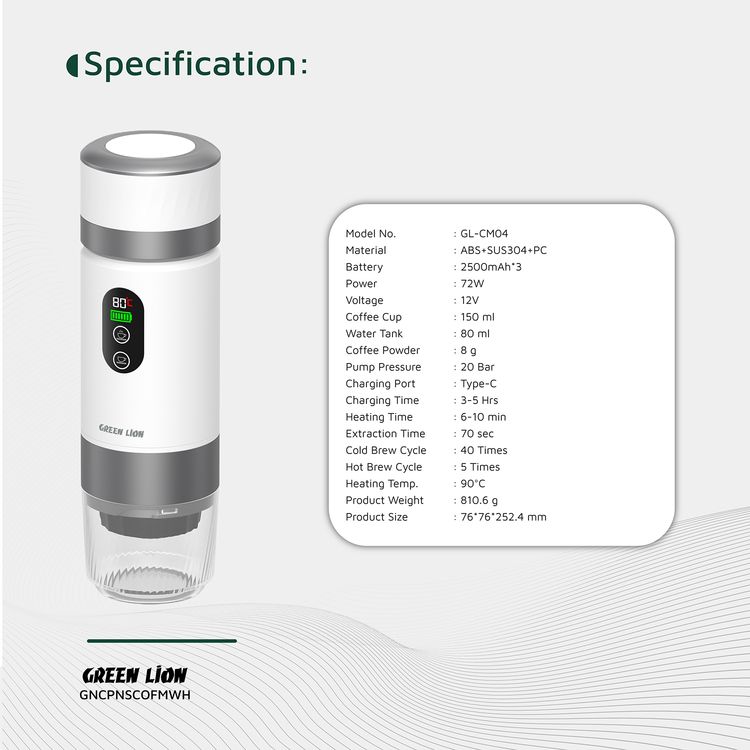 Green Lion Campinas Portable Coffee Maker with 150mL Coffee Cup Capacity, 20 Bar Pump Pressure, 70 Seconds Fast Extraction Time, Carrying Bag Included, 90°C Heating Temperature - White