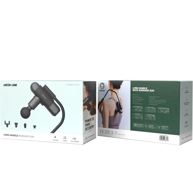 Green Lion Long Handle Massage Gun with 5 Interchangeable Heads, Up to 2 Hours Working Time, 4-Level Speed, Blood Circulation Increase, 1000mAh Battery Capacity