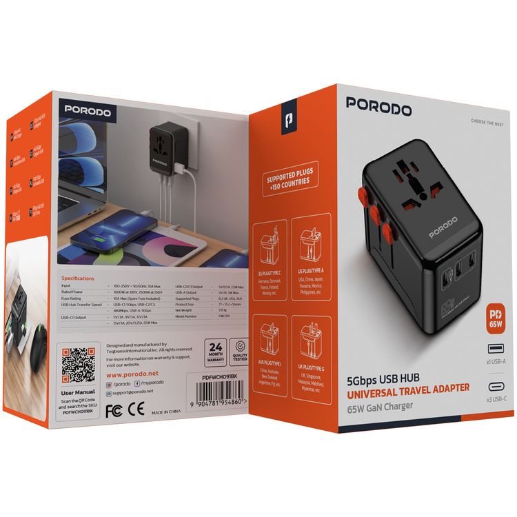 Porodo 5Gbps USB Hub Universal Travel Adapter with 65W GaN Charger, 1000-2500W Rated Power, 3 USB-C & USB-A Ports, 480Mbps-5Gbps USB-C Transfer Speed, 5Gbps USB-A Transfer Speed, Spare Fuse Included, Supports Plugs in 150+ Countries - Black