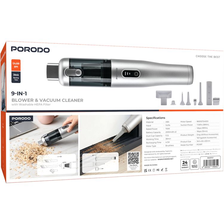 Porodo 9-in-1 Blower & Vacuum Cleaner with Multiple Blowing Nozzles, 110W Rated Power, 38 Minutes Working Time, 0.2L Dust Cup Capacity, Washable HEPA Filter, Brushless Motor, USB-C Charging Port - Gray