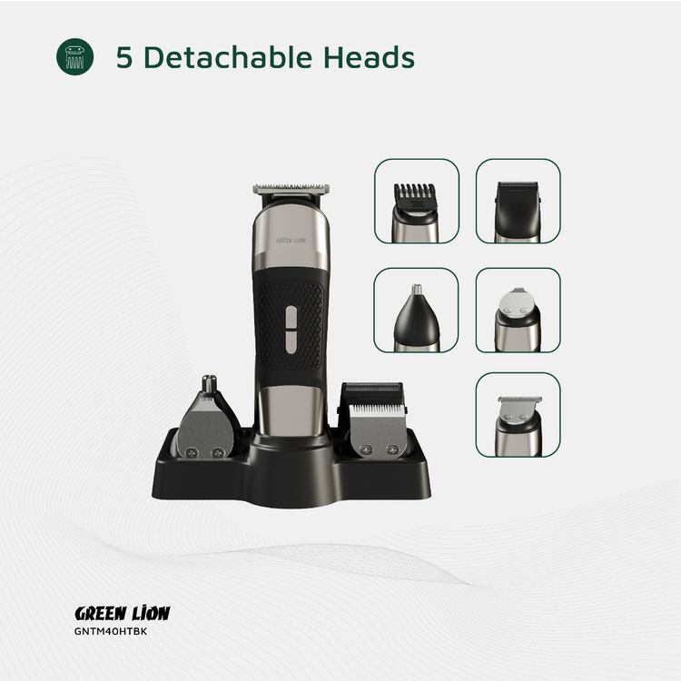 Green Lion Trim Master 5-in-1 Trimmer with Storage Base, Textured Grip, Type-C Charging, Corded & Cordless Use, Digital Display, Detachable Different Heads - Black
