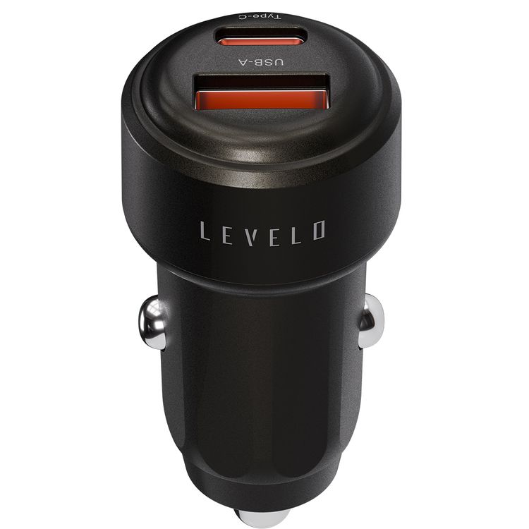 Levelo Nori Mini 60W Car Charger with  USB-C to USB-C Cable, USB-C & USB-A Ports, Fast Charging, 60W Power Delivery, 12-24V Input Power, Durable Material - Gun Gray