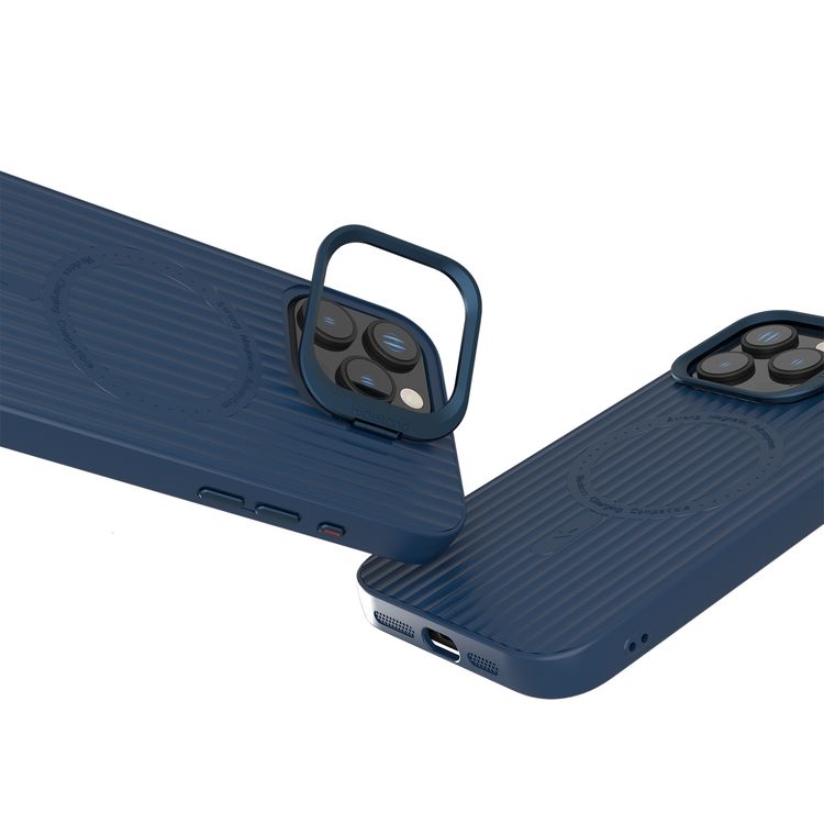 Levelo Livia Case for iPhone 16 Pro with MagSafe Compatibility, Impact-Resistant Corners, Built-in Kickstand, TPU with Silicone Surface, Metal Camera Ring - Blue