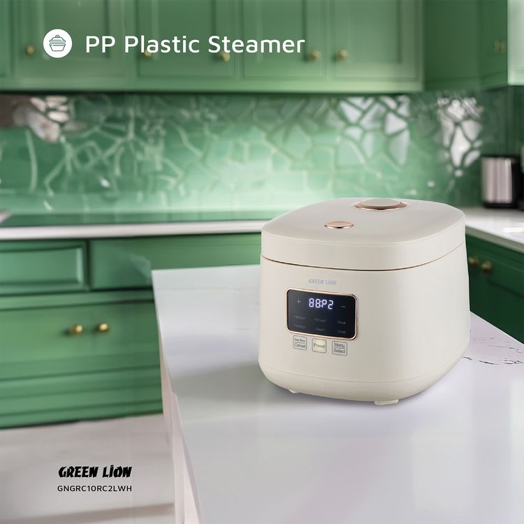 طباخة الأرز الرقمية جرين ليون GRC-10، سهلة التنظيف، تحكم باللمس، وضع الحفاظ على الدفء، فتحة تهوية، سعة 2 لتر، 6 أوضاع للطهي - أبيض