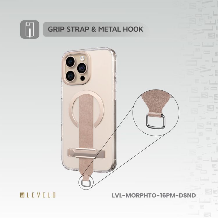 Levelo Morphix Trio Case for iPhone 16 Pro Max with Built-in Kickstand, Metal Camera Edge, MagSafe Compatible, Impact-Resistant Corners, Grip Strap & Metal Hook, Anti Yellowing - Desert Sand