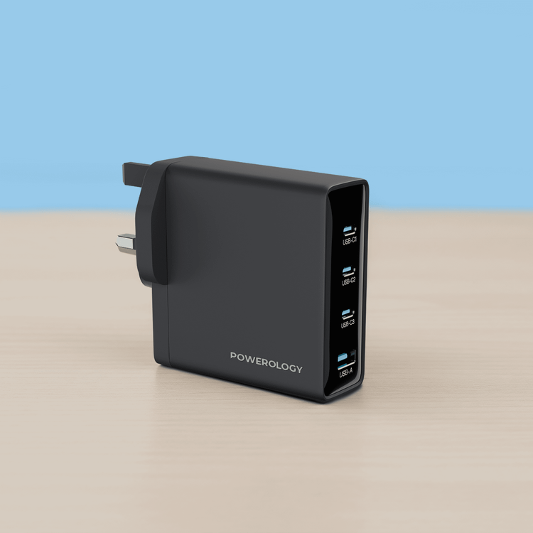 Powerology Volt-X 140W Multi-Port GaN Adapter with Ultra-Fast Charging, Heat Resistant Housing, Multi-Device Charging, GaN Efficiency, ×3 USB-C Ports, ×1 USB-A Port, QC 18W, UK 3-Pin Plug - Black