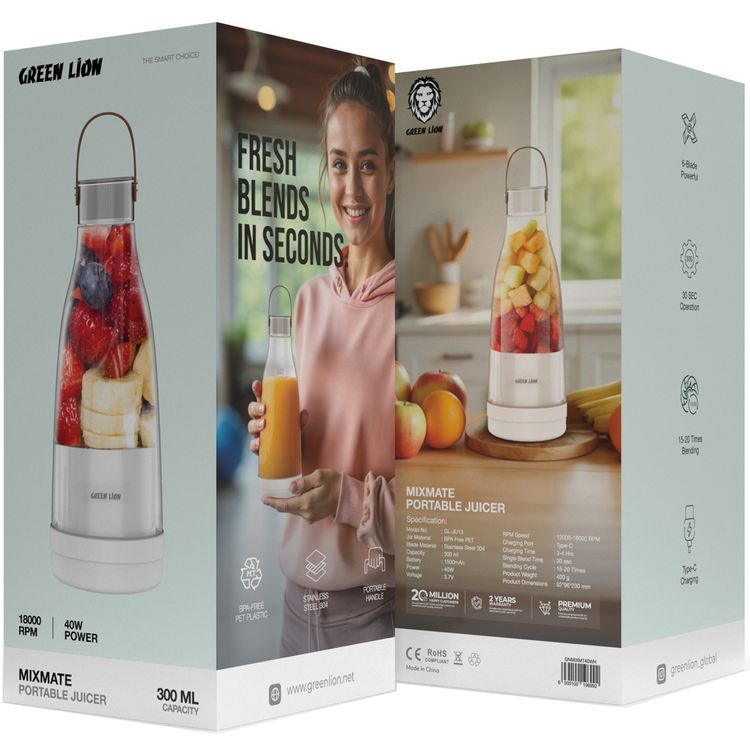 Green Lion Mix Mate Portable Juicer with 300mL Capacity, 1500mAh Battery Capacity, BPA Free PET Jar Material, Stainless Steel Blade Material, Type-C Charging Port, 3-4 Hours Charging Time - White