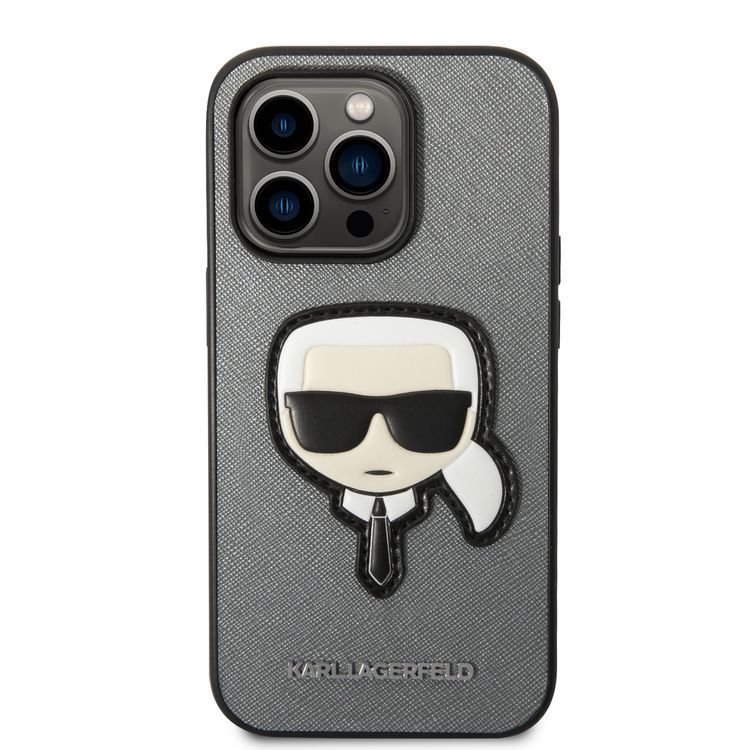 Karl Lagerfeld PU Saffiano Case with Karl Head Patch Ultra-Thin iPhone 14 Pro Max Compatibility - Silver