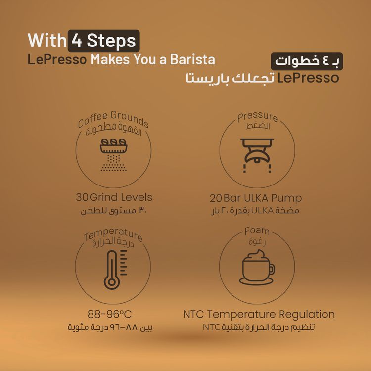 LePresso Viventé Semi-Automatic Dual Boiler Coffee Machine with Touch Display, Conical Burr Grinder, 20bar ULKA Pump, 3000W Rated Power, Dual Pump, 30 Adjustable Grinding Settings, 58mm Portafilter - Silver