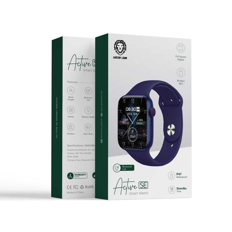 Green Lion Active SE Smart Watch with Full Square Display, 3-5 Days Working Time, Multiple NFC, Waterproof, Bluetooth Call, Heart Rate Tracker, Magnetic Charger - Blue