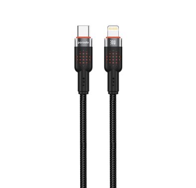 Porodo Braided Type-C to Lightning Cable with 30W Power Delivery, 1.2m Cable Length, 480Mbps Transfer Speed, More than 15,000 Bends Lifespan, Tangle-Free Design - Black