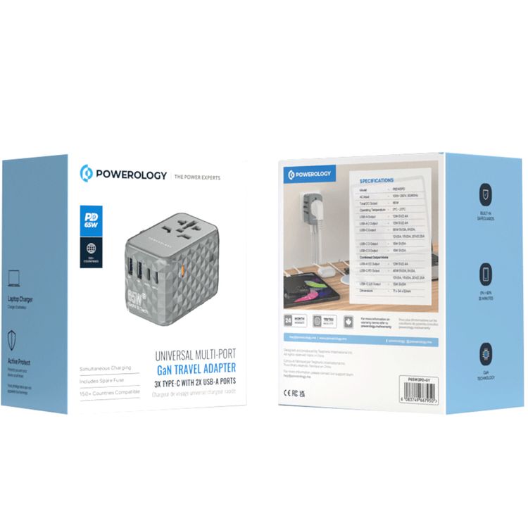 Powerology 65W PD Universal Multi-Port Travel Adapter with Triple USB-C Outputs, Universal Plugs, Combined Output Mode, Lightweight & Portable, Travel Friendly - Gray