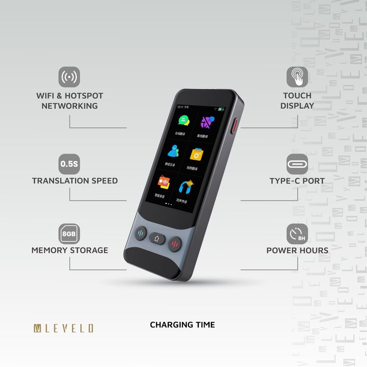 Levelo FluentLink Offline & Online Voice Translator, Built-in ChatGPT, Unit Conversion, Exchange Rate Conversion - Gray