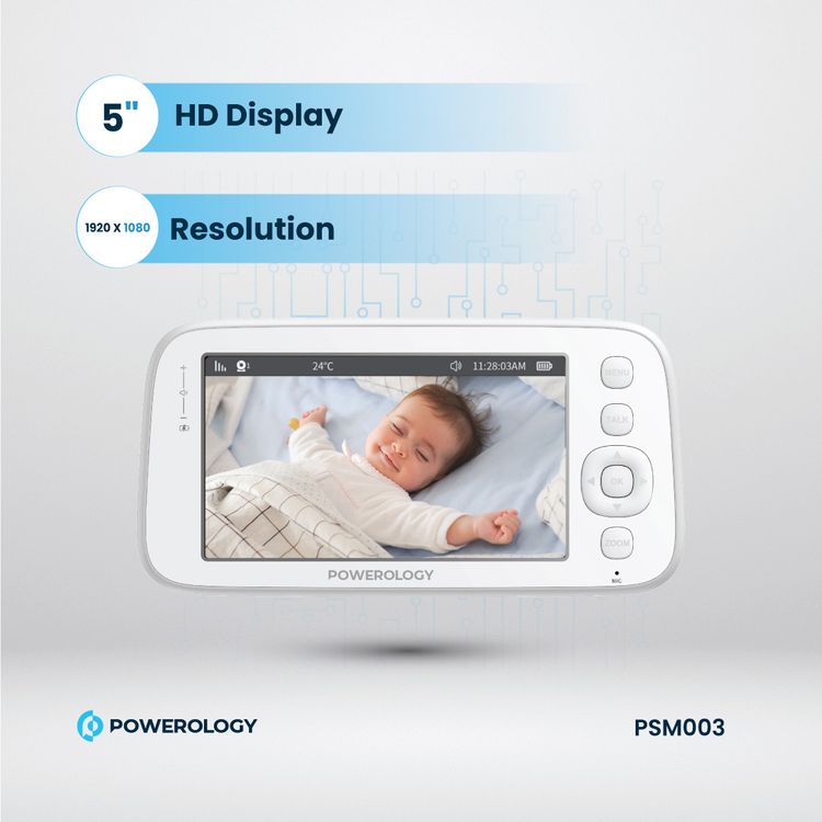 Powerology Monitor & App Baby Camera with Blue & Pink Covers, 1920 × 1080 Pixels Resolution, Night Vision, Type-C Charging Interface, Built-in Lullabies - White