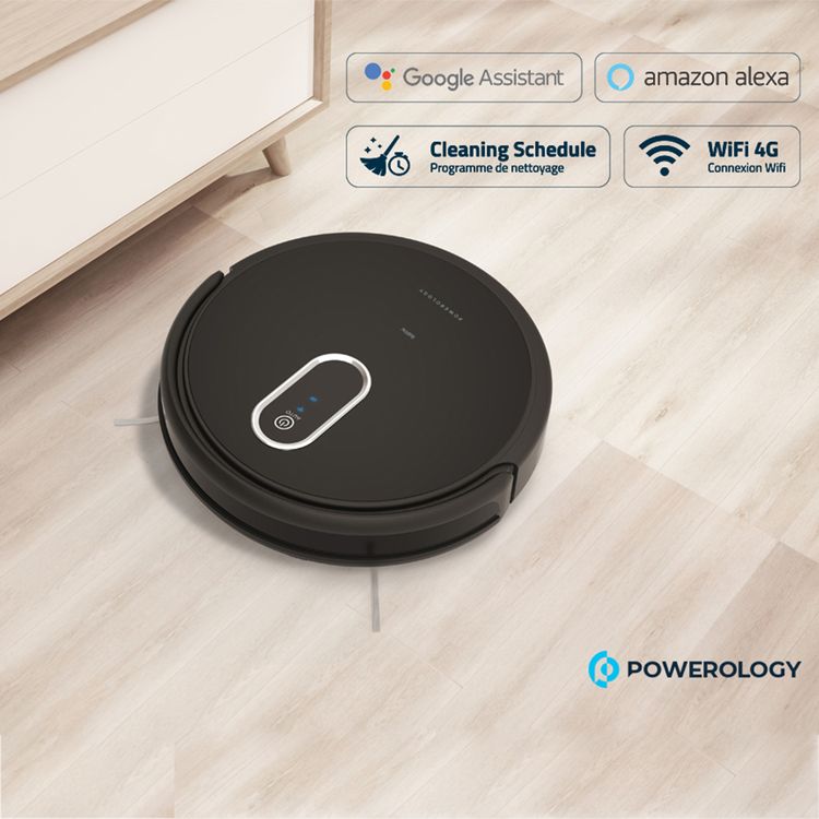 Powerology Smart Robot Vacuum Cleaner with Detection Sensors, 2000Pa Suction Power, 120 Minutes Working Time, Re-Washable HEPA Filter, Google Voice Assistant, 500mL Bin Capacity - Black
