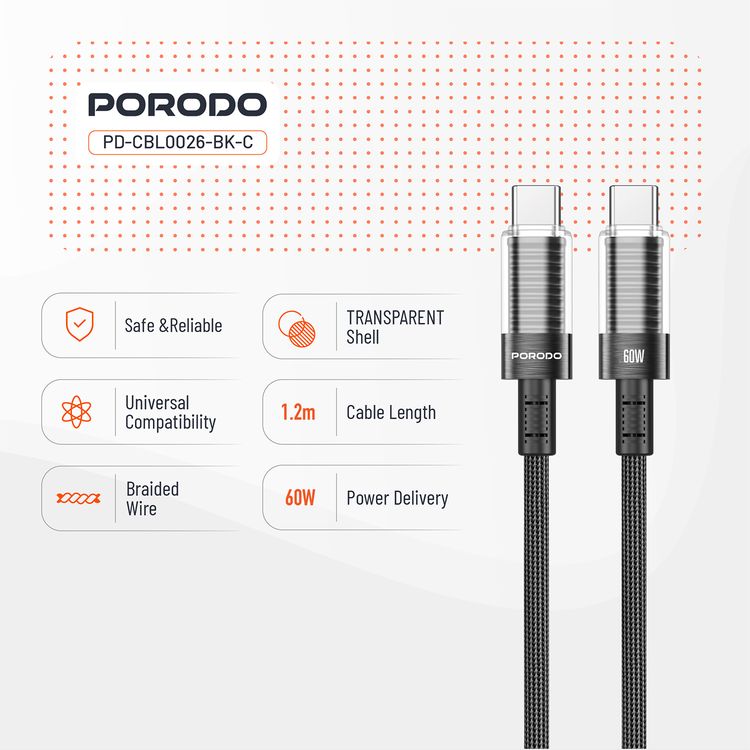 كابل USB-C إلى USB-C شفاف من Porodo، بطول 1.2 متر، متوافق عالميًا، PD 60 وات، آمن ومضمون، شاحن سريع للبيانات - أسود