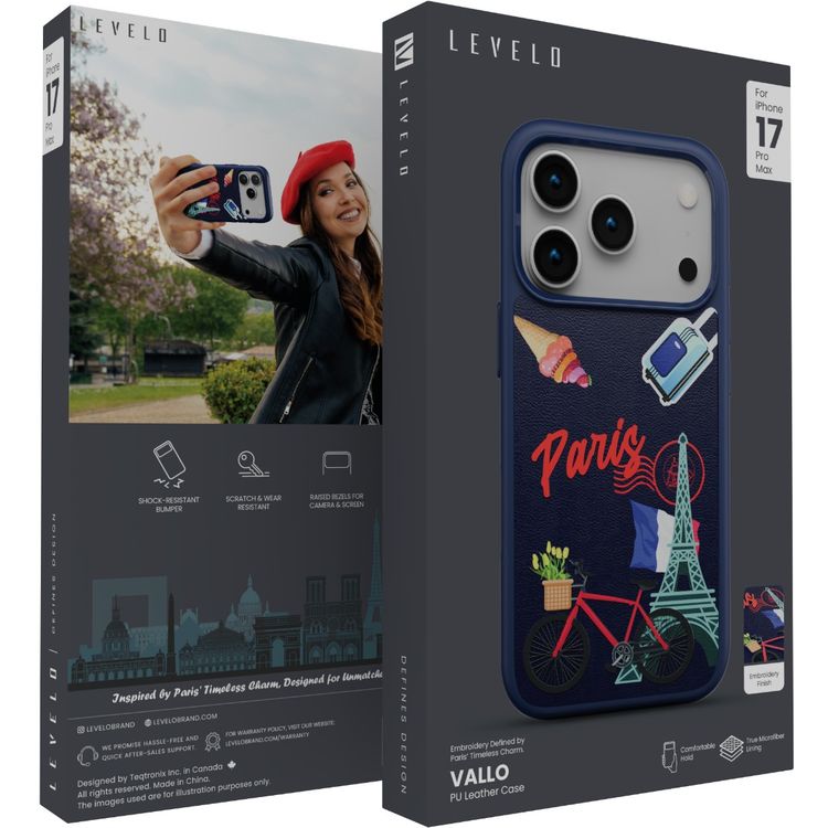 Levelo Vallo PU Leather Case for iPhone 17 Pro Max with Embroidery Paris Finish, Comfortable Hold, Durable PU Leather, Raised Bezels for Camera and Screen, True Microfiber Interior Lining, Scratch & Wear Resistant, Shock-Resistant Bumper - Cobalt Blue