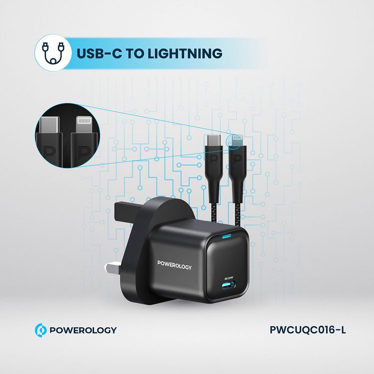 Powerology Ultra-Compact GaN Charger with USB-C to Lightning Braided Cable, 20W Power Delivery, Lightweight & Compact Design - Black