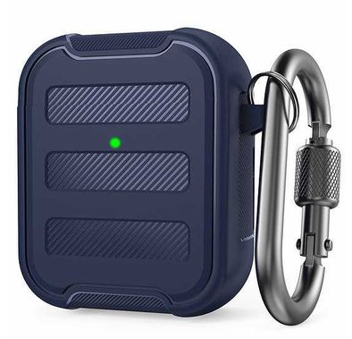 AhaStyle Rugged Armor Premium TPU Case with Anti-Lost Carabiner Compatible for AirPods 1/2, Hard-Shell Protective Cover, Scratch Resistant, Shock Absorption, Drop Protection, & Dustproof Protective Silicone Cover Supports Wireless Charging - Midnight Blue