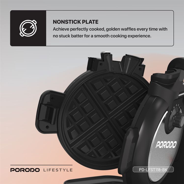 Porodo Vertical Waffle Maker with 5 Heat Levels, 210ml Capacity, 800W Power, Up to 5:30 Minutes Waffle Making Time, Non-Stick Plate, Batter Tray - Black