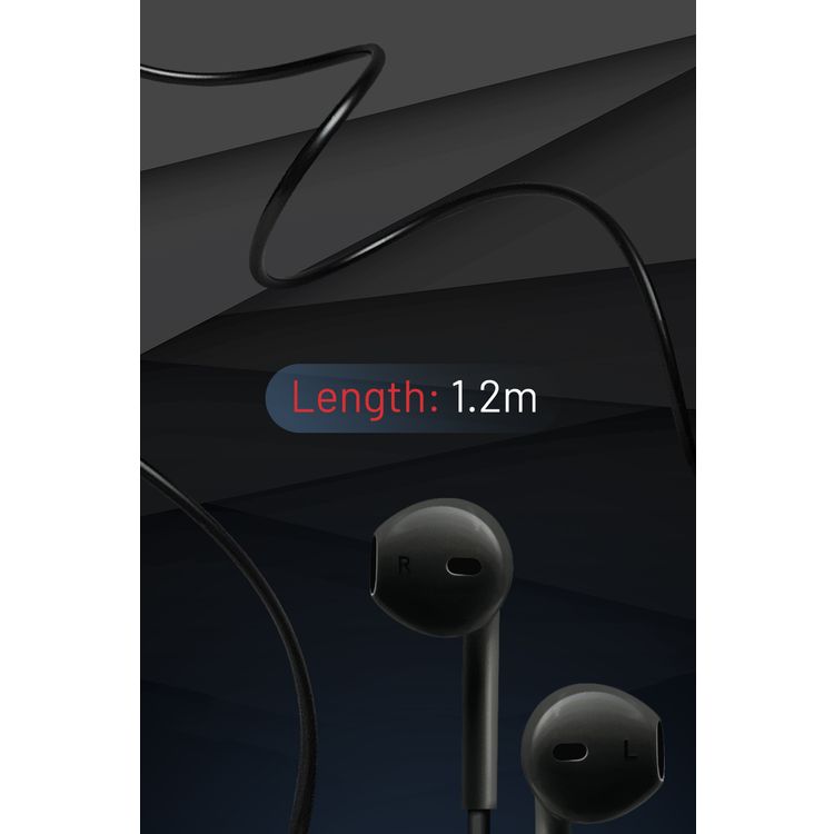 Porodo Soundtec Stereo Wired Earphones with 1.2m Lightning Cable Length, 3 Button Control, High-clarity Microphone, High Sound Quality and Deep Bass, Answer & Close Call - Black