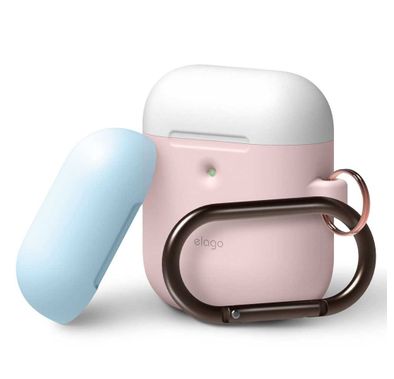 Elago Duo Hang Silicone Case with Apple AirPods Case 1 & 2 Generation, Drop Resistant, Dustproof and Absorbing Protective Cover with Hang Case Body-Pink / Top-White, Pastel Blue