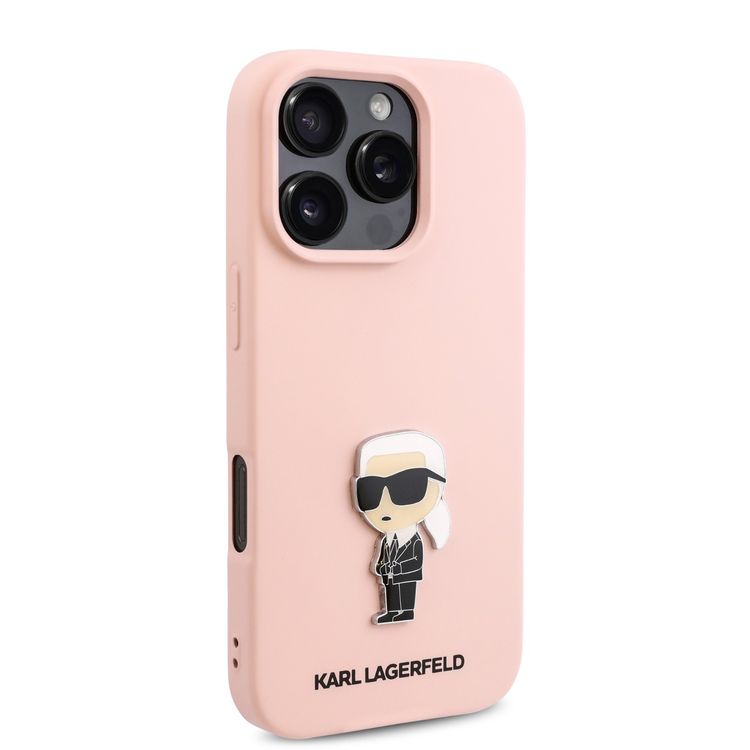 كفر حماية Karl Lagerfeld TPU سيليكون صلب مع شعار Ikonik لهاتف iPhone 16 Pro Max، مادة متينة، قبضة مريحة وآمنة، خفيف الوزن ونحيف - وردي