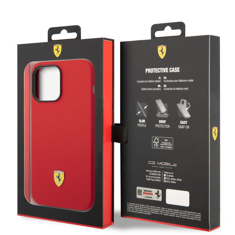 CG Ferrari Magsafe Compatibility Liquid Silicone Case with Metal Yellow Logo Shield iPhone 14 Pro Max Compatibility - Red