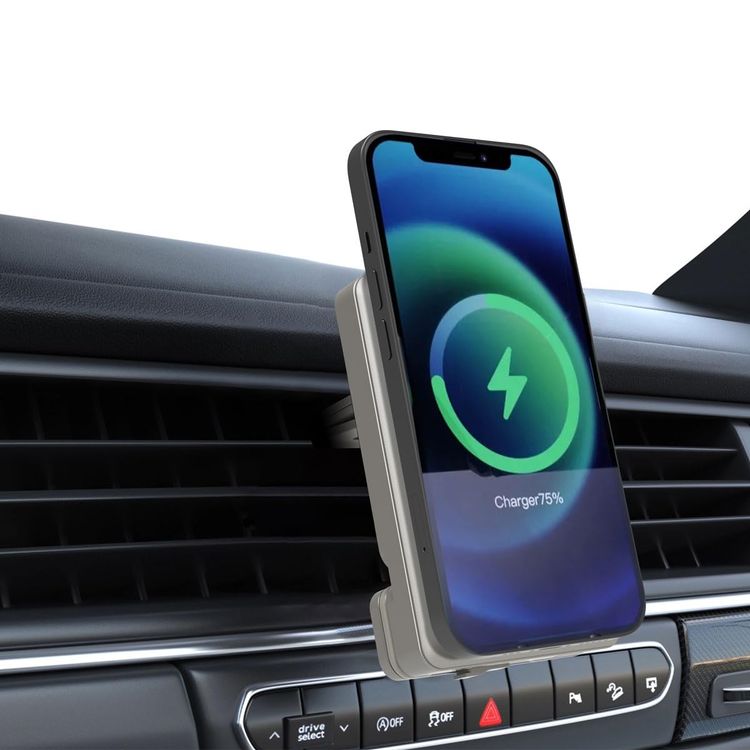 Powerology Car Mount 5000mAh Power Bank with Magnetic Wireless Charger, MagSafe Charging, PD 20W Fast Charge, Folding Air-Vent Clip, LED Indicator, Built-In Type-C Cable, Lightweight & Portable - Titanium