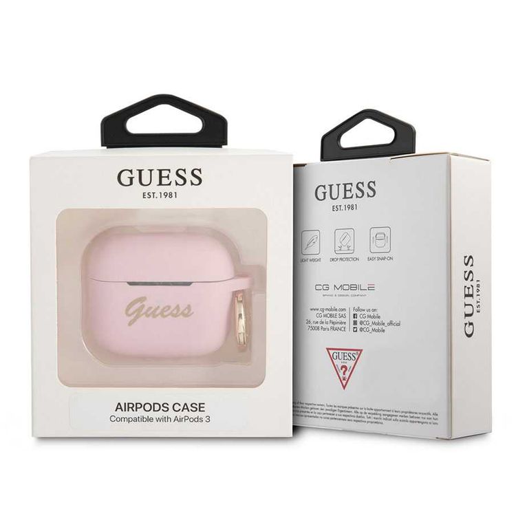 CG MOBILE Guess Silicone Printed Script Case with Anti-Lost Ring Compatible for AirPods 3, Scratch & Drop Resistant, Shock Absorption & Dustproof Protection - Pink