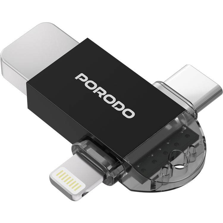 محول بورودو USB 3.0 OTG 3 في 1 مع موصلات Type-C وLightning، نقل بيانات سريع، توصيل وتشغيل، توافق عالمي - أسود