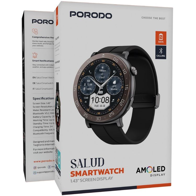 Porodo Salud Smart Watch with 1.43" HD Screen Size, 280mAh Battery Capacity, Up to 5 Days Working Time, Up to 30 Days Standby Time, 2 Hours Charging Time, GPS Log Tracking, Camera Shutter, Sleep & Stress Management, Smart Connectivity, Durable & Lightweight - Black
