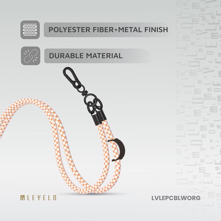 Levelo Everly Phone Crossbody Lanyard, 1.2m, Polyester Fiber, Metal Finish, Lightweight, Durable Material, Adjustable Straps, Universal Compatibility, Hypoallergenic Material - Orange / White