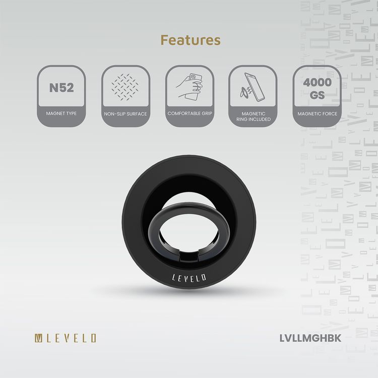 Levelo Lucero 2-in-1 Phone Ring Holder with N52 Magnets, Non-Slip Surface, 135° Flip Design, Comfortable Grip, 4000GS Magnetic Force - Black