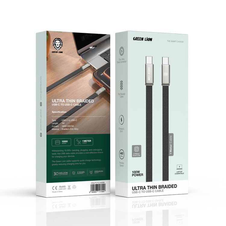 Green Lion Ultra-Thin Braided USB-C to USB-C Cable with 10000 Bends Life Span, Compatible with Laptop, 1m Cable length, Zinc Alloy Shell Connector, Flat-Braided Cable, Charge & Sync, 480Mbps Data Transfer Speed, 100W 20V/5A Cable Current, E-Marker Smart Chip - Black 