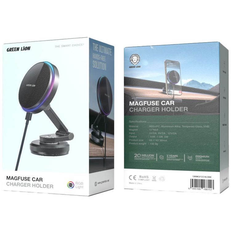 Green Lion Magfuse Car Charger Holder with MagSafe Compatibility, ABS+PC+ Aluminum Alloy+ Tempered Glass & VHB Material, 17×N54 Magnets, RGB Light, Flexible Design, Secure & Stable, Ambient Light - Black
