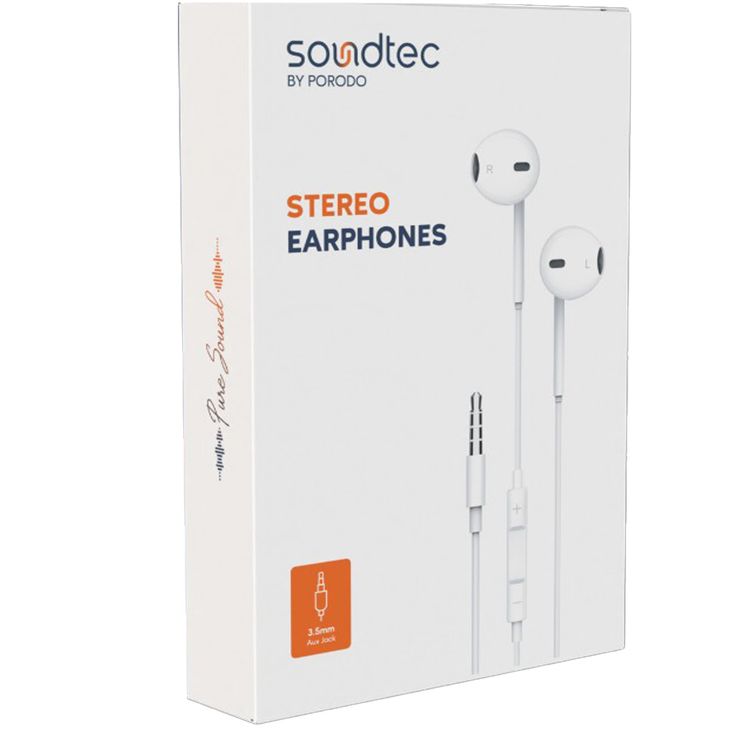 Porodo Soundtec Stereo Earphones with a 3.5mm AUX Connection, High-Clarity Microphone, 3-Button Controls, Answer & End Call - White
