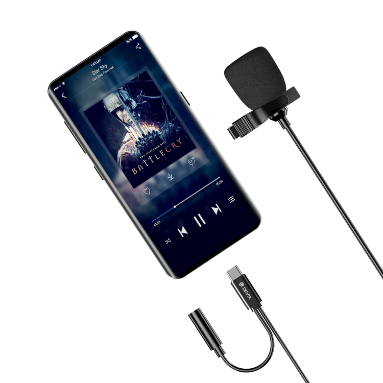 Devia Smart Series Wired Microphone Type-C, Simple and Stylish, Ultra-Lightweight, Hi-Fi Loudspeaker, Made Oxygen-Free Copper Plating Silver Wire + TPE, Durable Cord - Black