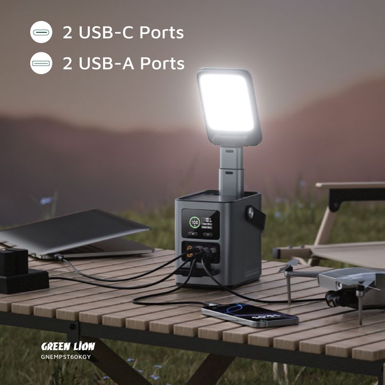 Green Lion Energy Max 60000mAh Power Station with 230W Total Output, Brightness of 700 Lumens, PD 140W, Digital Display, 100W Solar Input, QC 22.5W - Gray