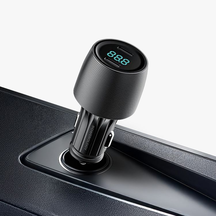 Powerology Velox 66W Dual USB-C Ports Car Charger, 30W Power Delivery, Multi-Protection Safety System, Independent Port Control, Fast Charge Support, Compact & Premium Build - Black