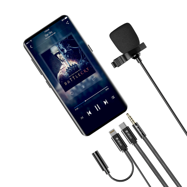 Devia Smart Series Wired Microphone Type-C, Simple and Stylish, Ultra-Lightweight, Hi-Fi Loudspeaker, Made Oxygen-Free Copper Plating Silver Wire + TPE, Durable Cord - Black