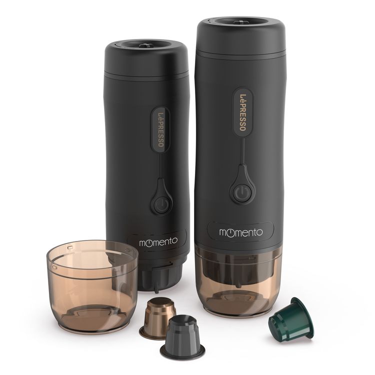 LePresso Momento 2.0 Portable Espresso Coffee Machine, Ground & Nespresso Compatible, 75W Power, 2500 mAh Battery Capacity, 2-3 Hours Re-Charge Time, 4 Single Shots Fully Charged Working Time - Black