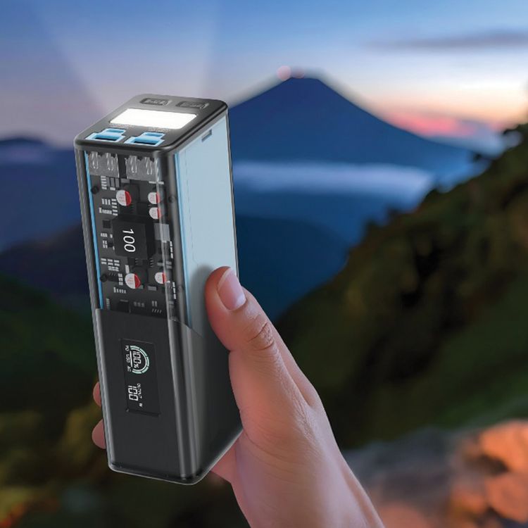 Powerology Énergie 27000mAh Power Bank with AC Outlet, Dual USB-C & Dual USB-A Ports, 140W PD, 18W QC, 130W Peak AC Output, Built-in Safeguards, Smart Info Display - Black