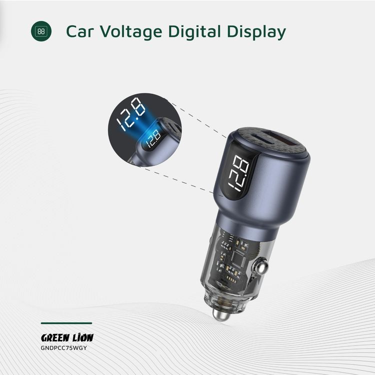 Green Lion Dual Port Car Charger with Digital Display, 75W Total Output, USB-C & USB-A Ports, Charging Protection, Heat Dissipation - Gray