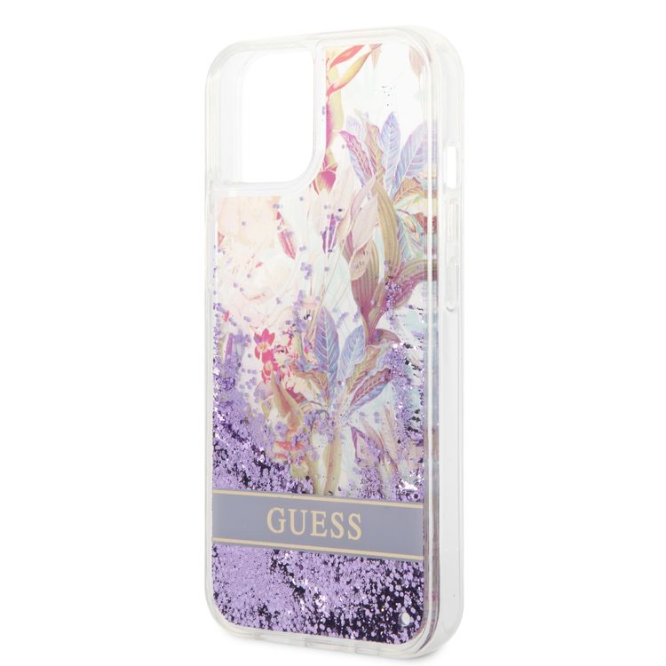 Guess Liquid Glitter Case with Flower Pattern Extra Shine Smooth Touch Feel iPhone 14 Compatibility - Purple