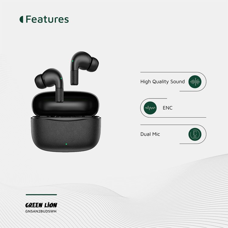 Green Lion Santorini 2 True Wireless Earbuds with Touch Controls, Up to 5 Hours Play Time, ABS Material, 2500 Hours Standby Time, 13mm Speaker Size, ENC Dual Microphones, High-Quality Sound, Voice Assistant - Black