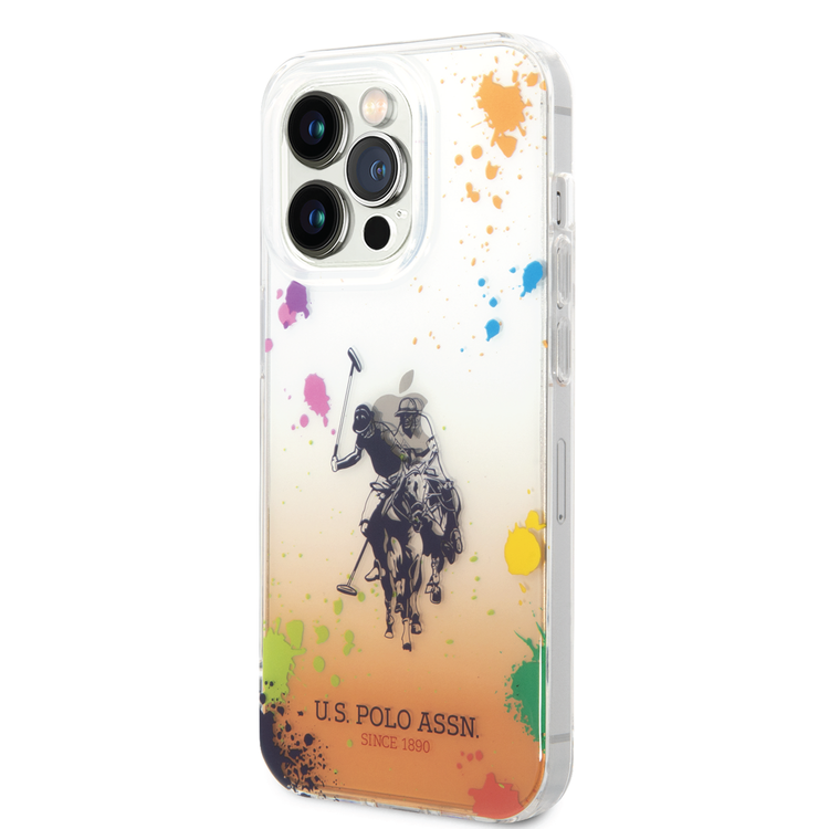 USPA PC/TPU Gradient Case with Splattered Pattern & Horse Logo iPhone 14 Pro Compatibility - Orange